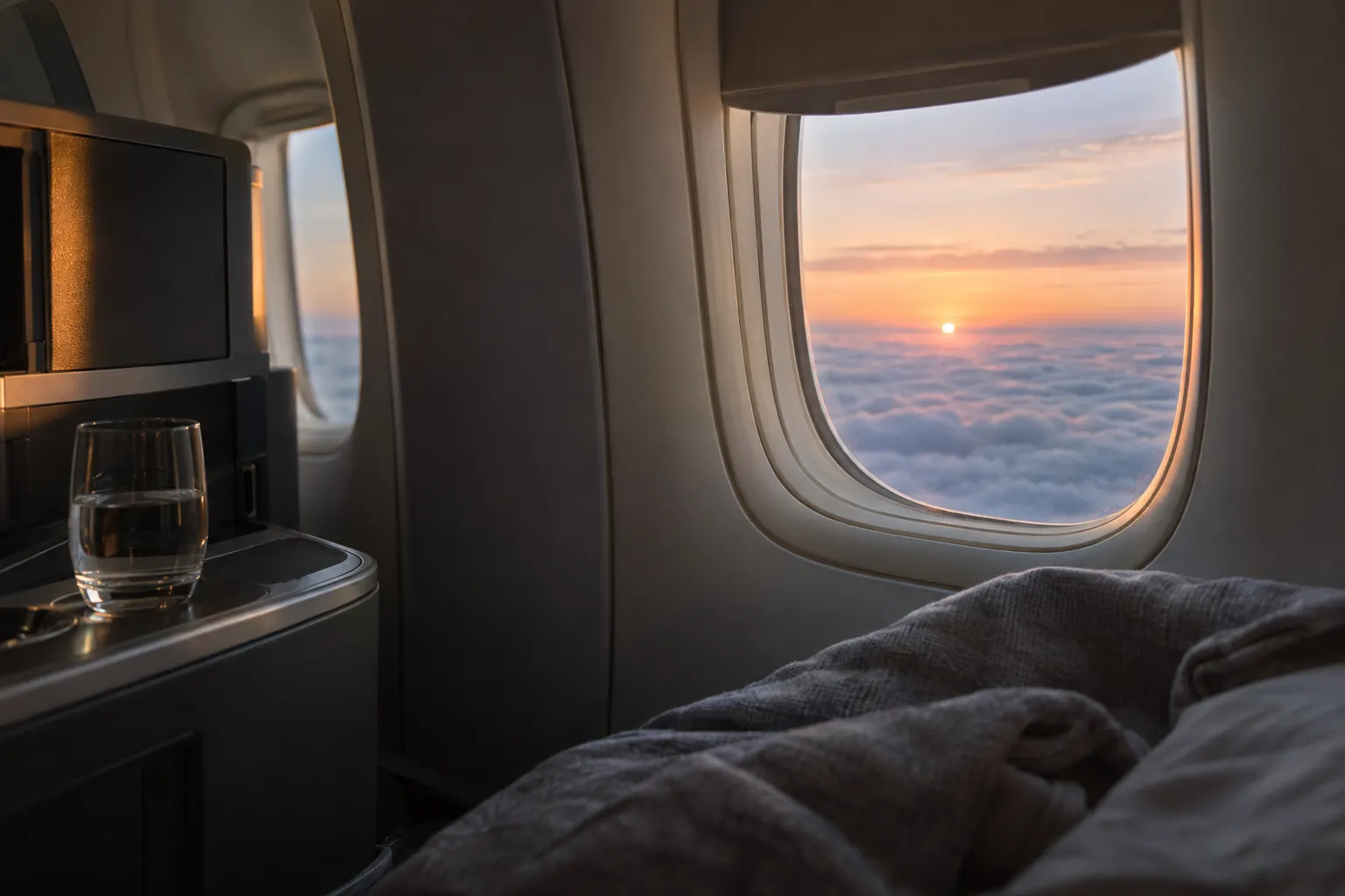 Sunrise over the clouds from a lie-flat business class seat