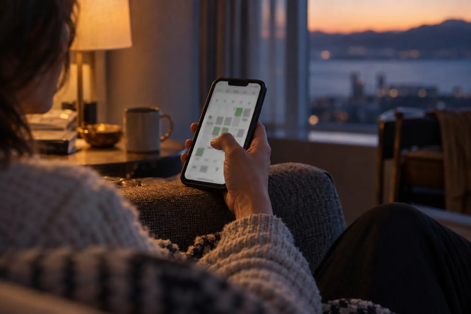 A hand scrolling a phone that shows a month calendar with some days highlighted in green.