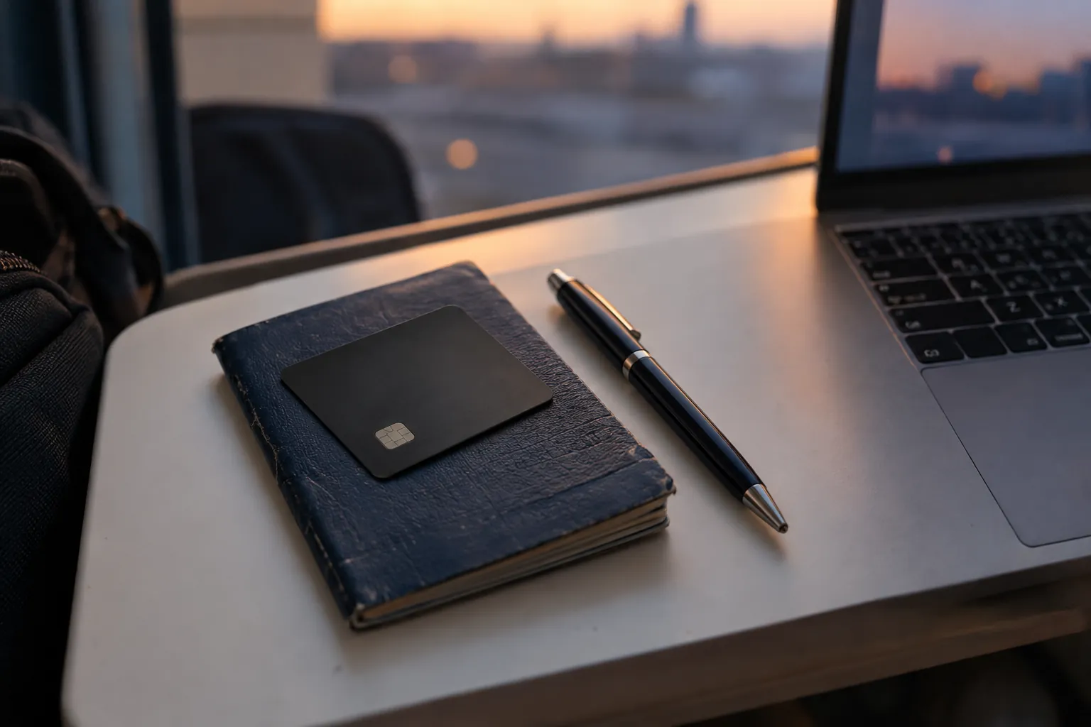 A passport with a plain credit card and a pen resting on it, next to a laptop keyboard.