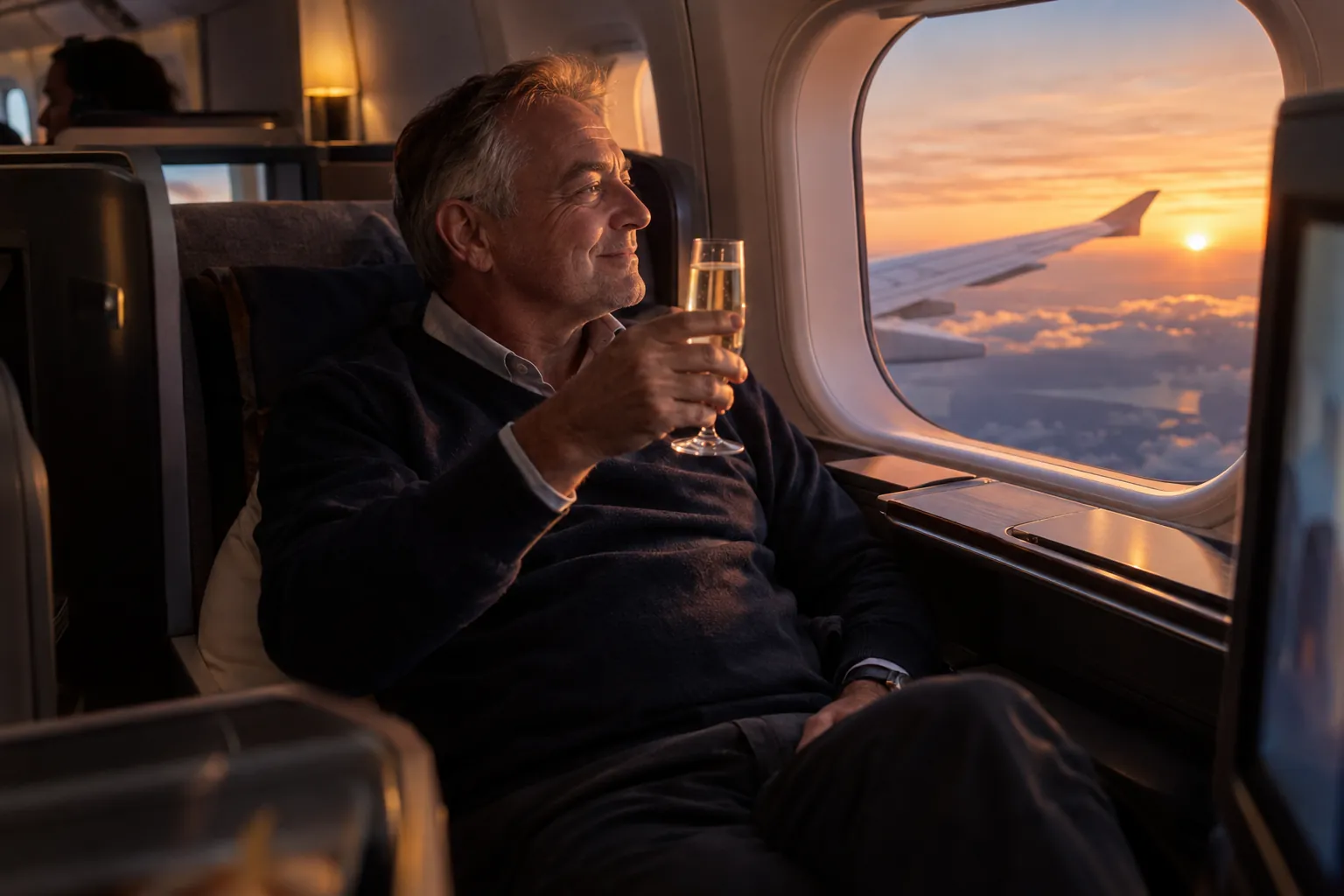 A man in a lie-flat seat raising a glass of champagne to the window at sunset.