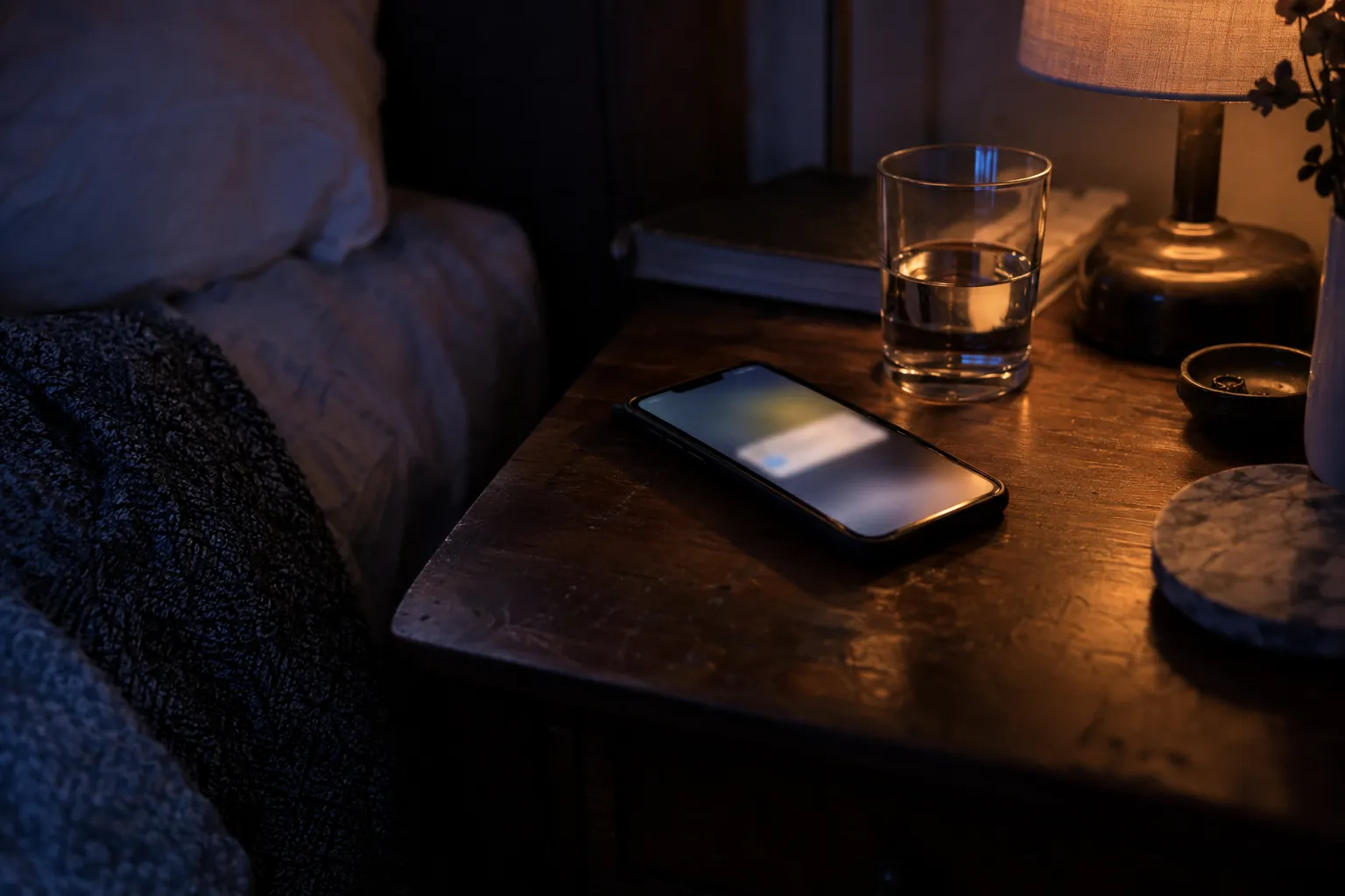 A phone glowing with a notification on a bedside table late at night.