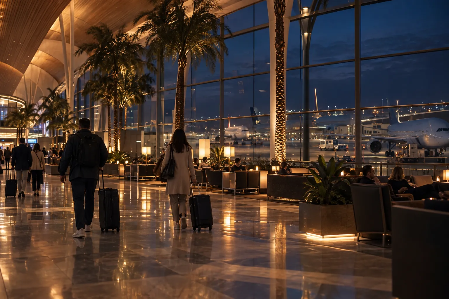 A vast transit terminal at night with indoor palm trees and wide-body aircraft beyond the glass.