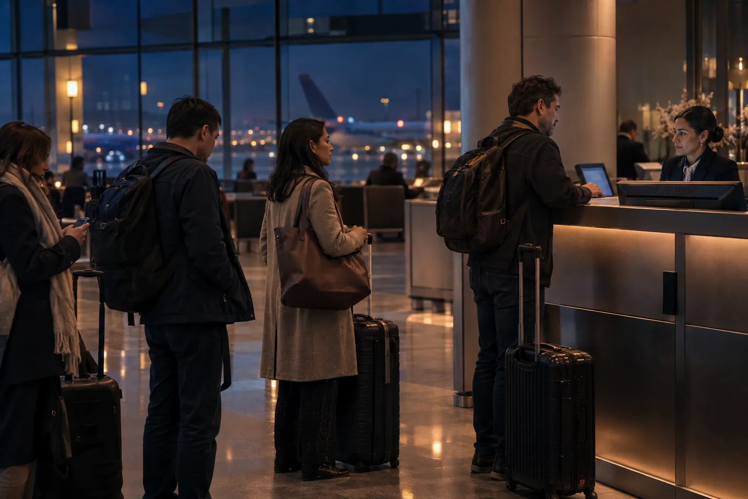 A short queue of travelers at a service desk in a terminal at night.