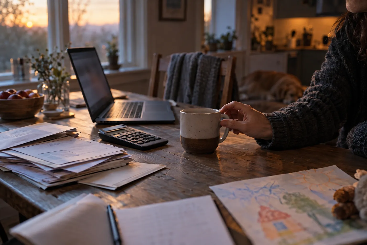 A kitchen table on a Sunday morning with a laptop, a stack of household bills, a calculator and a mug.
