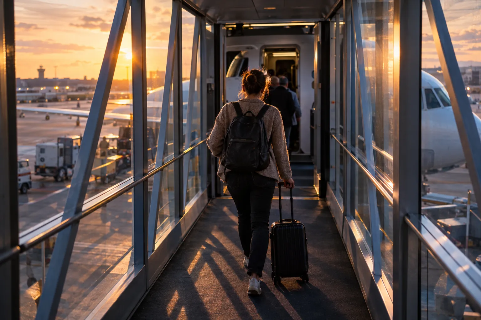 A traveler with a carry-on walking down a glass jet bridge toward the aircraft door at sunrise.
