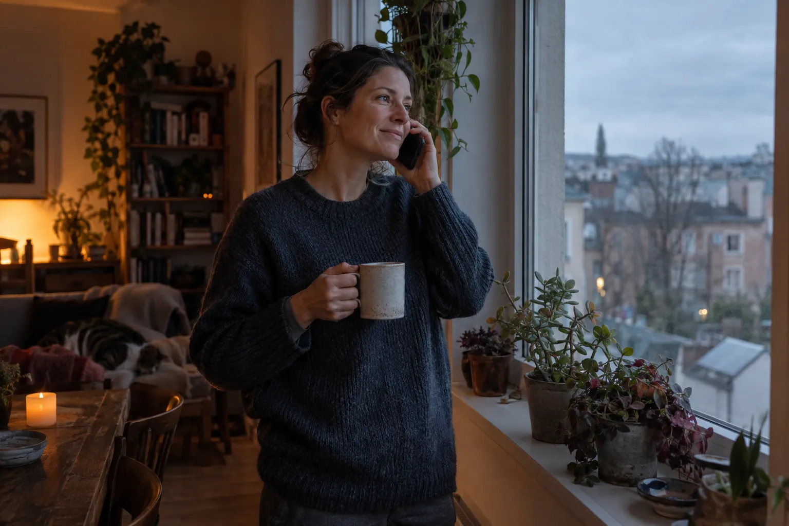 A woman on hold on the phone at a window at home, a mug in her other hand.