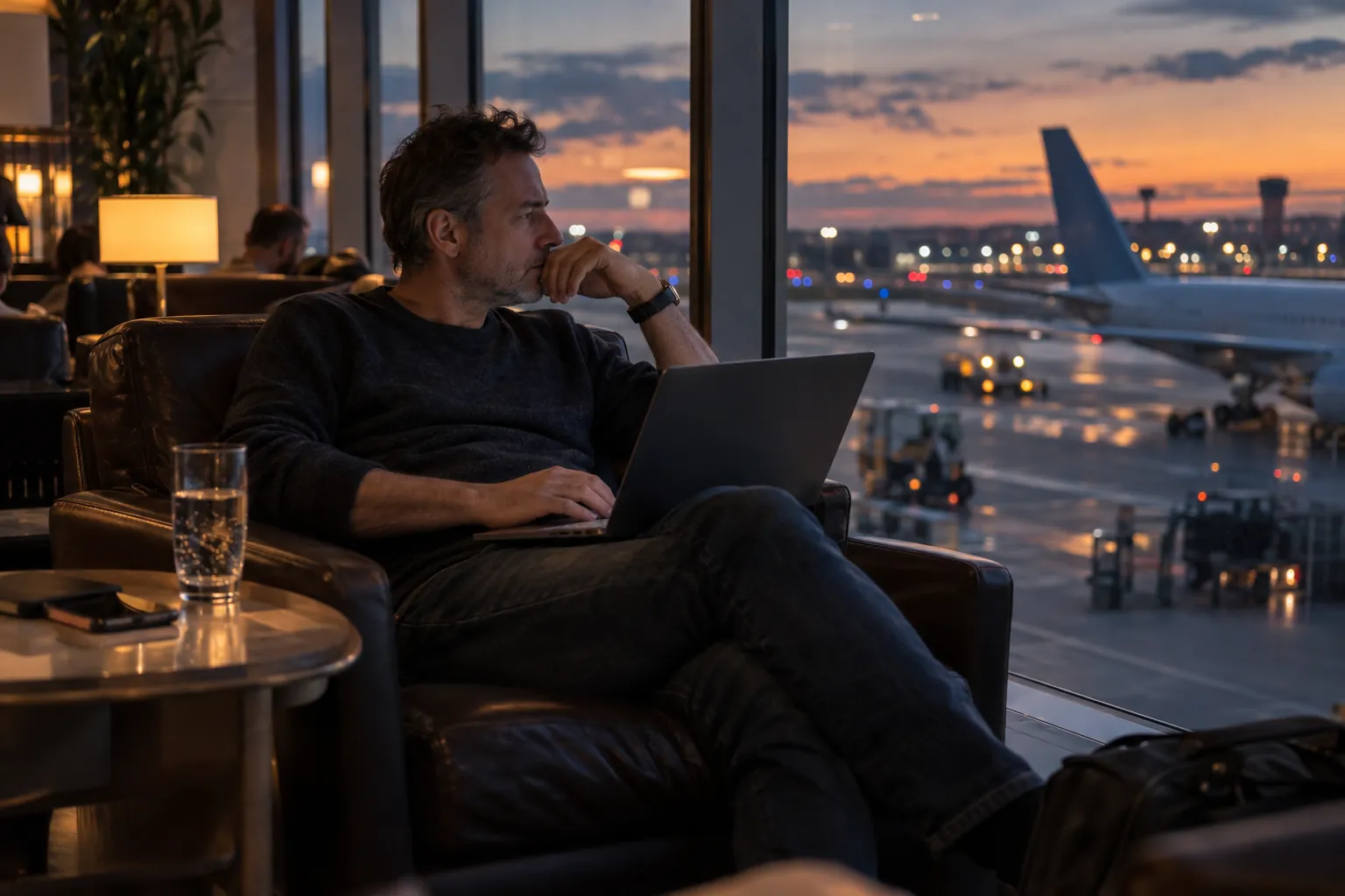 A man with a laptop in an airport lounge armchair by a window at dusk, an aircraft tail outside.