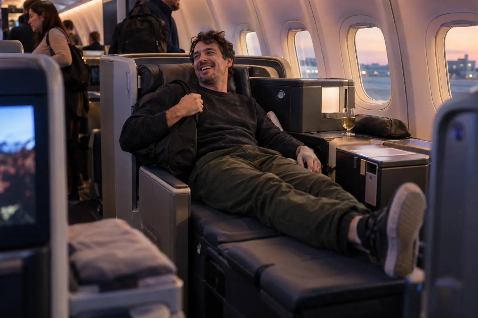 A man laughing as he stretches his legs out in a lie-flat business seat during boarding.