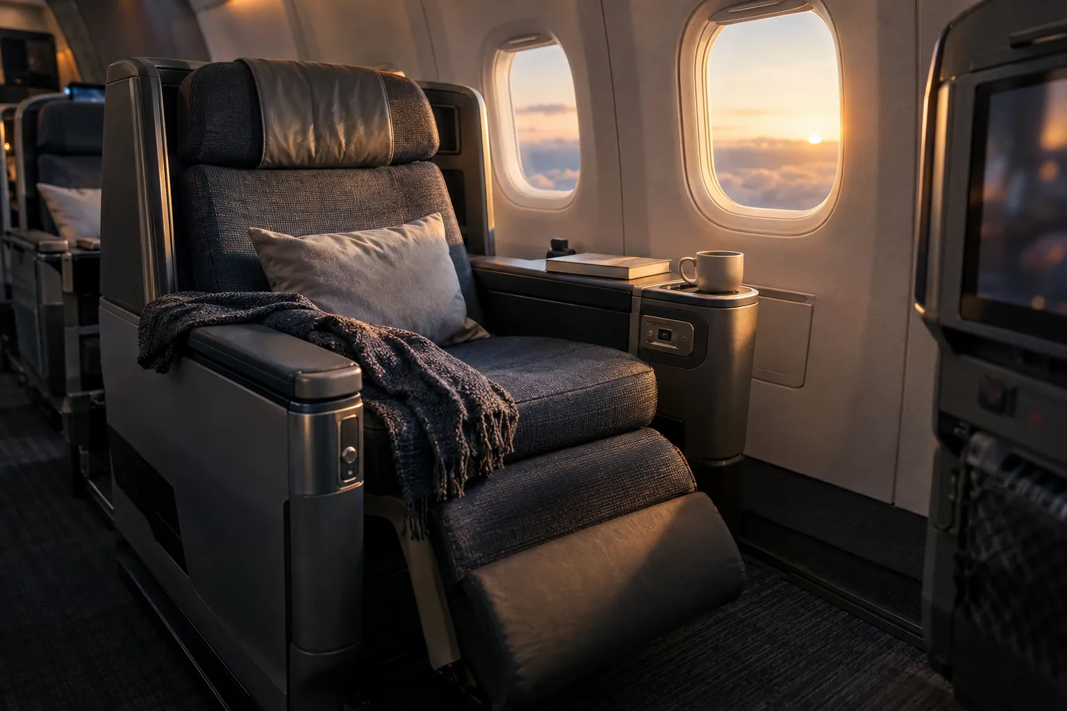 An empty premium economy recliner with a leg rest in daylight, a book and a coffee on the armrest.
