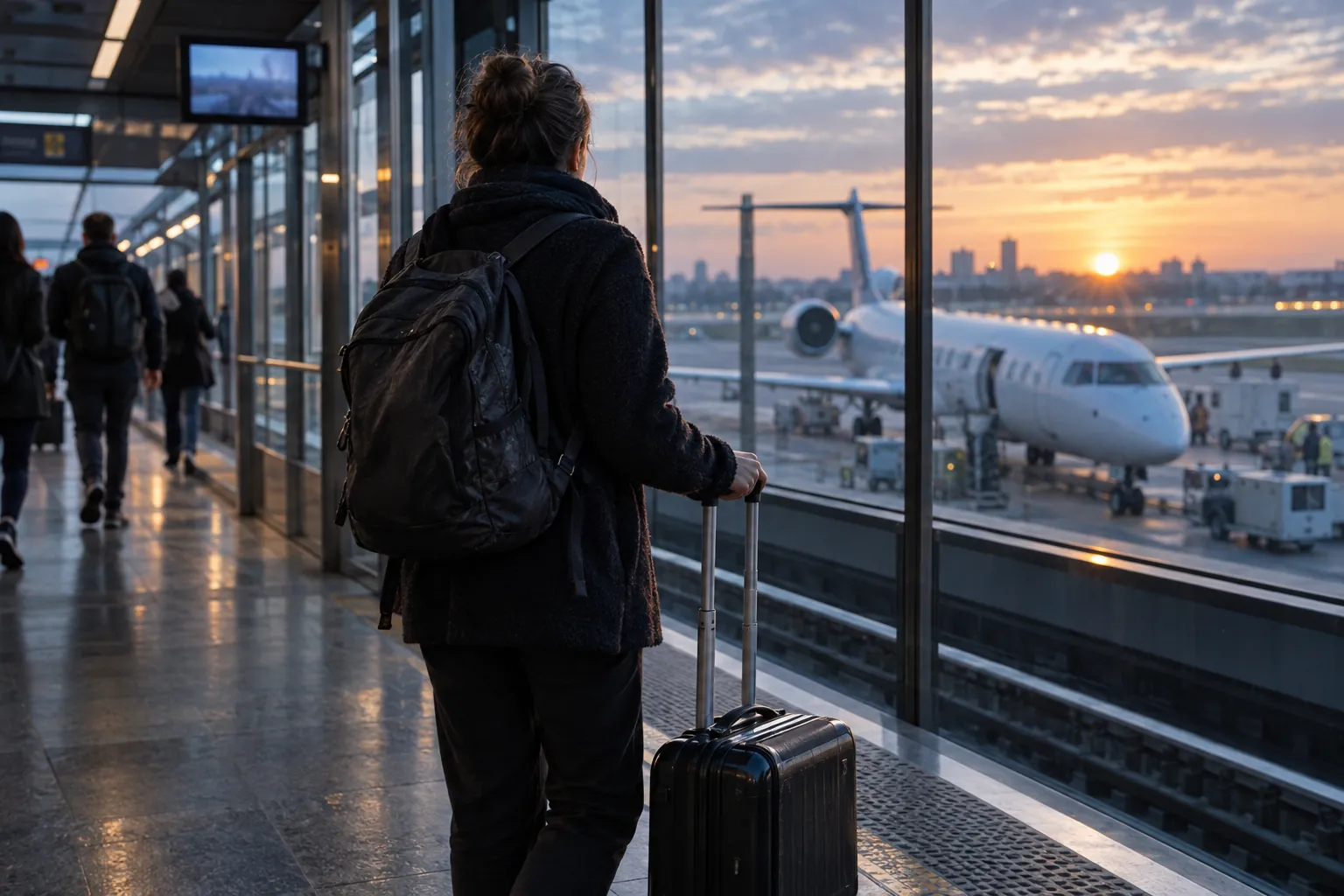 A traveler with a carry-on on an airport train platform at sunrise, a regional jet beyond the glass.