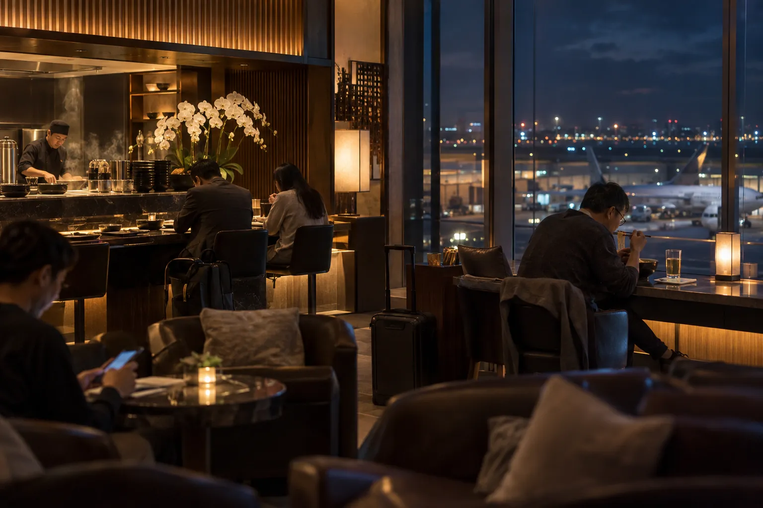 A traveler eating noodles by the window in a quiet lounge with orchids and dark wood at night.