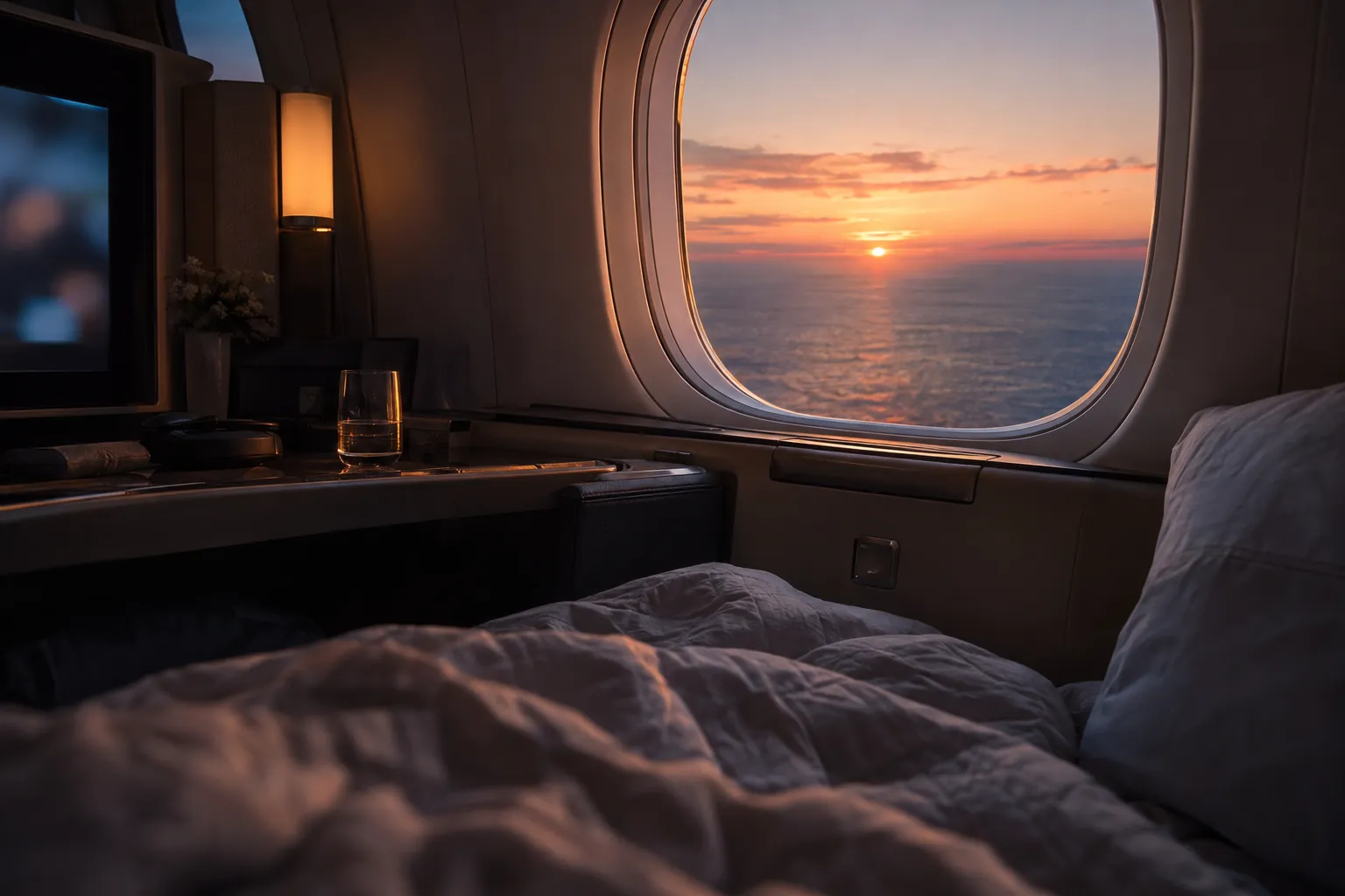 Dawn over the ocean through the window of a lie-flat seat, a duvet and pillow in the foreground.
