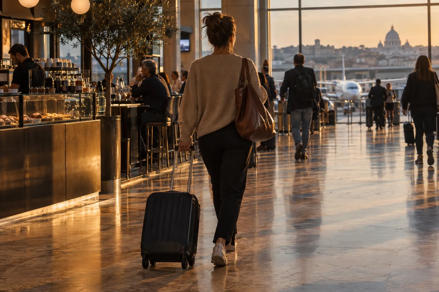 A woman with a carry-on walking through a sunny terminal with travertine floors and an espresso bar.