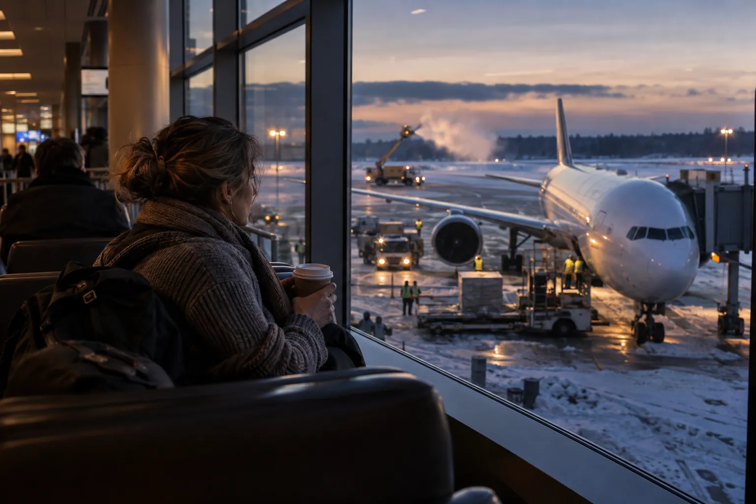 A traveler with a coffee at a gate window on a snowy morning, a wide-body jet being loaded outside.
