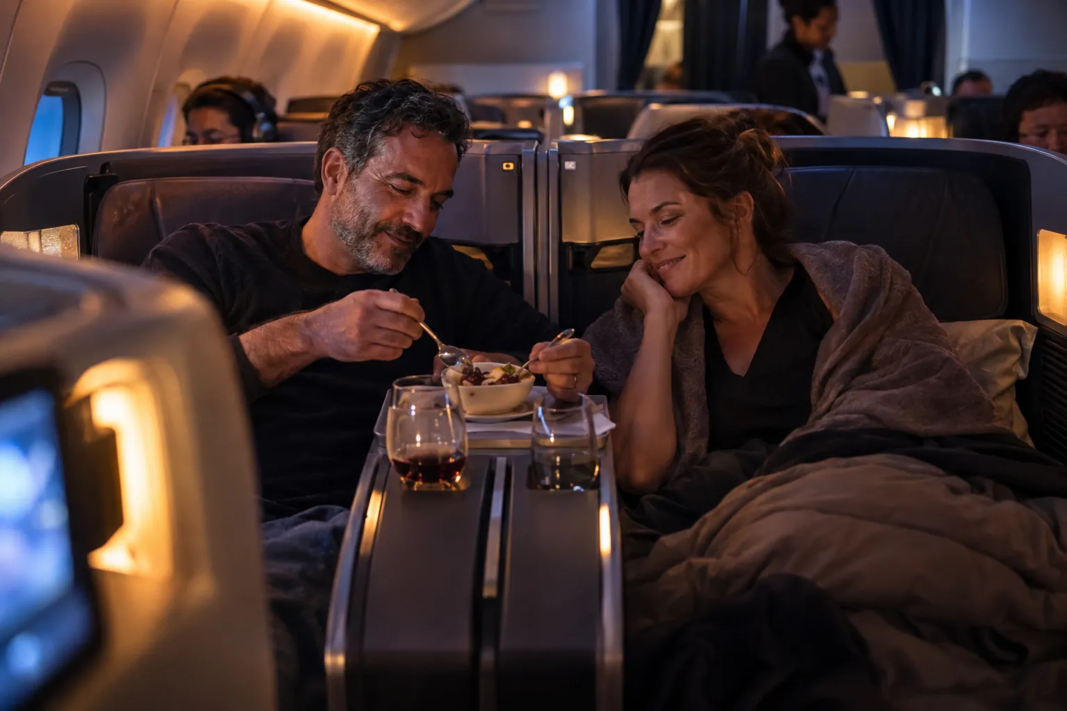 A couple sharing a dessert across two adjoining business suites with the divider lowered.