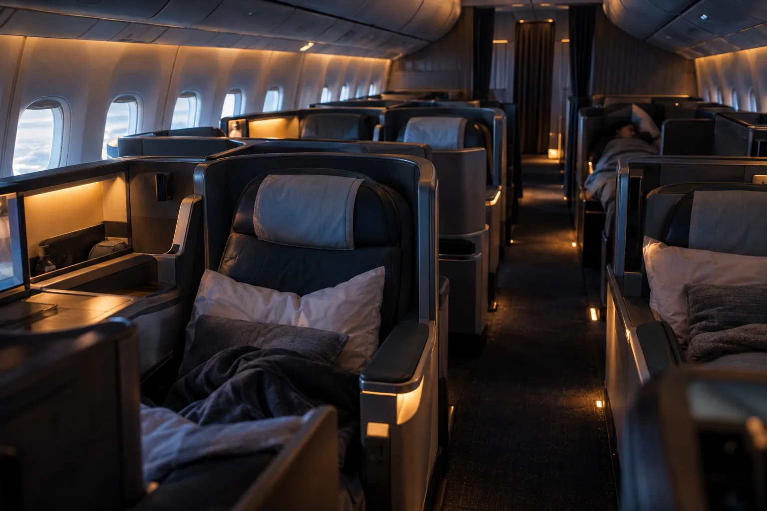 A lightly booked business cabin seen from the front galley, almost every lie-flat suite empty.