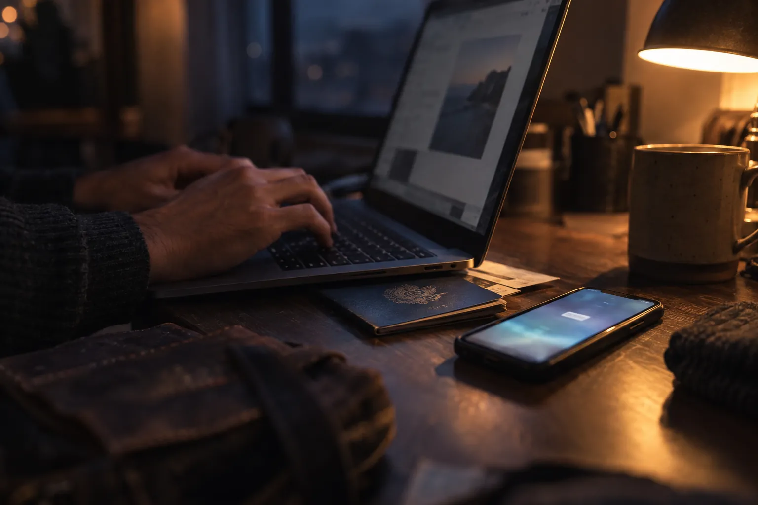 Hands typing on a laptop under a desk lamp, a passport tucked under its edge and a phone lighting up beside it.