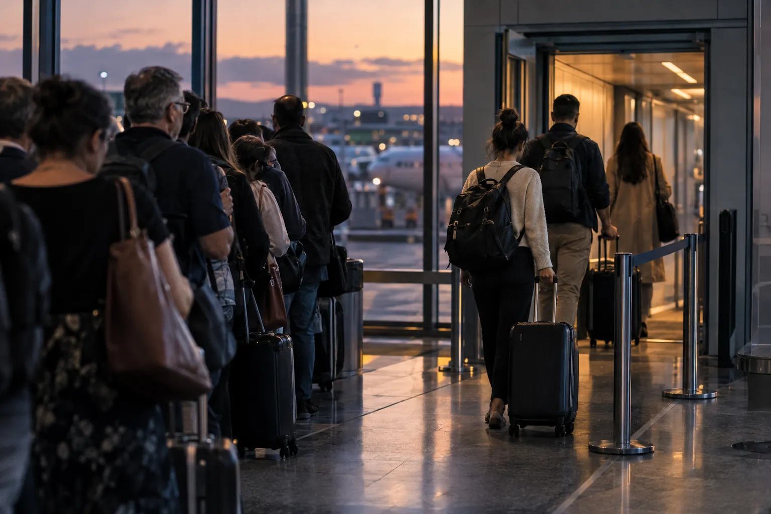 Three travelers walking down a short priority boarding lane past a long queue.
