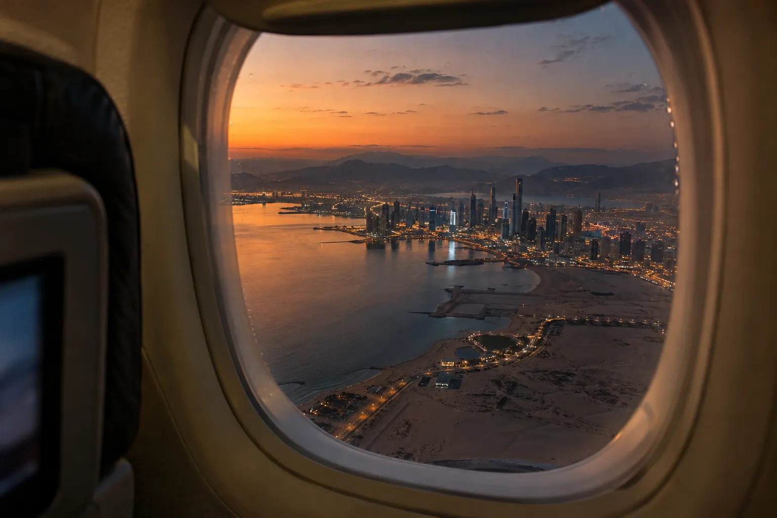 A desert coastline and a modern skyline at dusk, seen through an airplane window on approach.