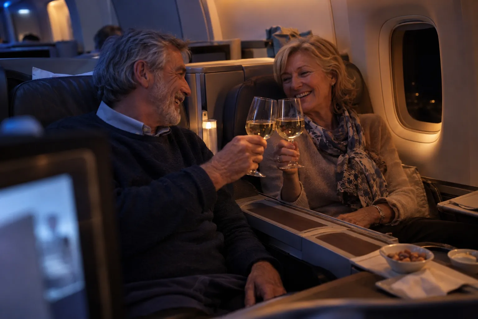 A couple in two side-by-side business seats with the divider lowered, clinking glasses of white wine.