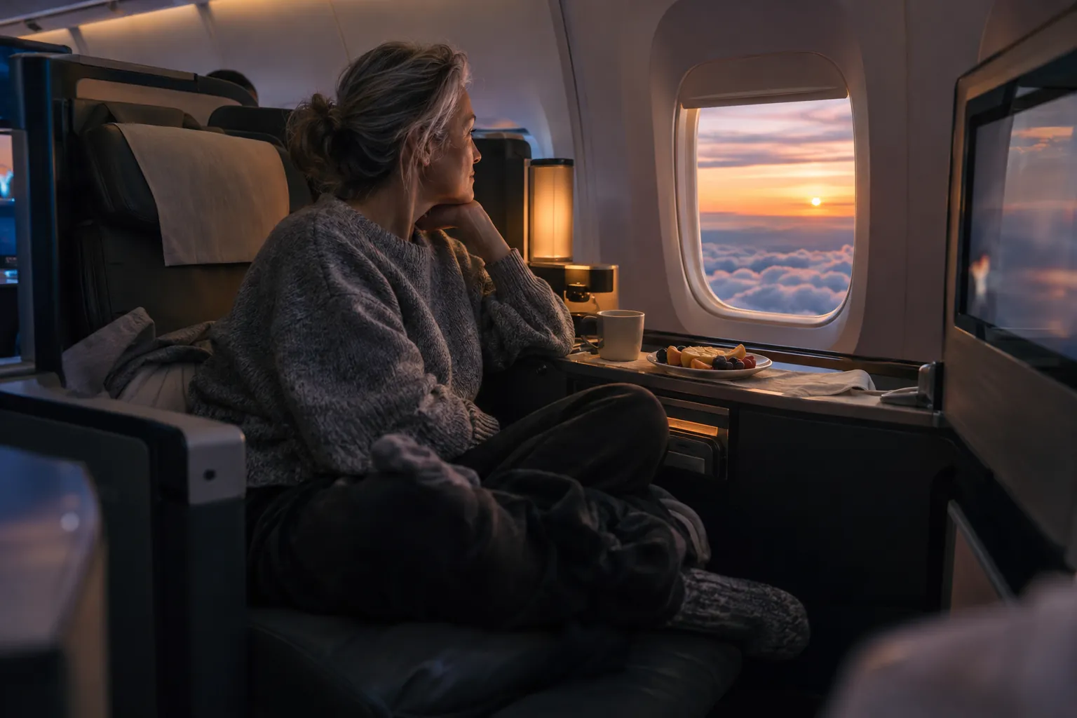 A traveler sitting cross-legged in a lie-flat seat at dawn, coffee on the side table, looking out at pink clouds.