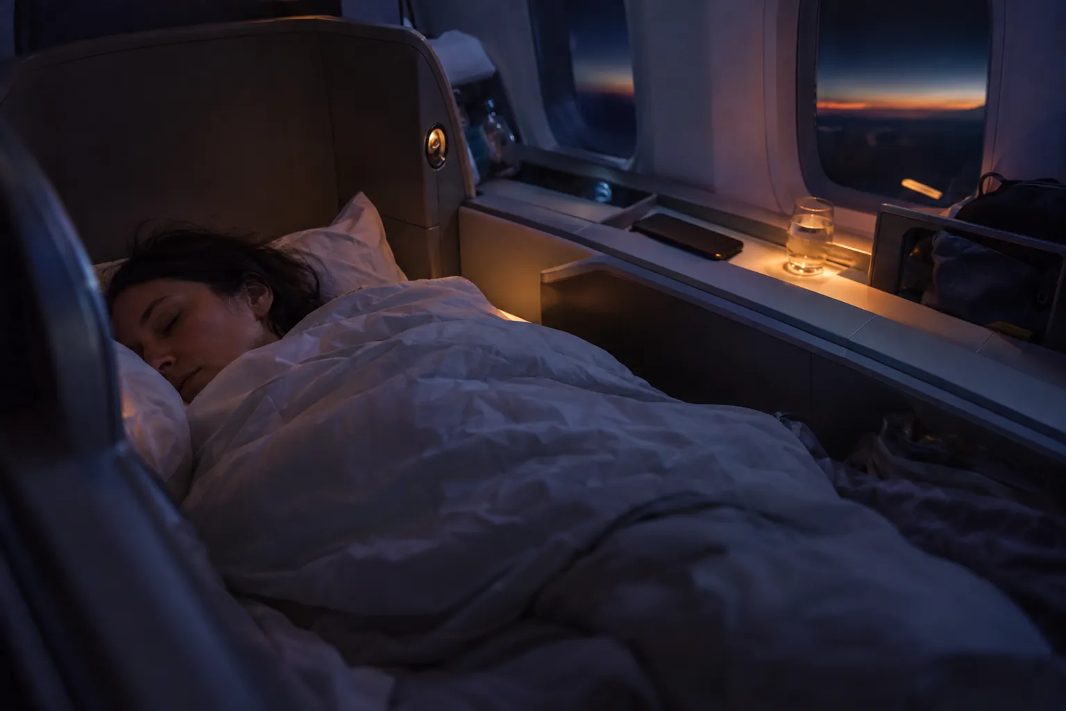 A traveler asleep under a duvet in a lie-flat bed in a dim cabin, her phone face down on the shelf.