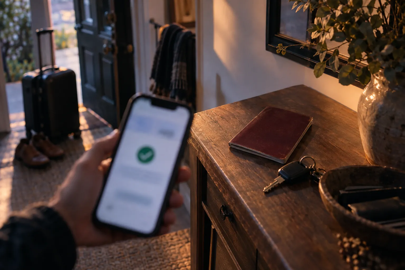 A hand holding a phone with a booking confirmation, a passport and car keys on the hall table.