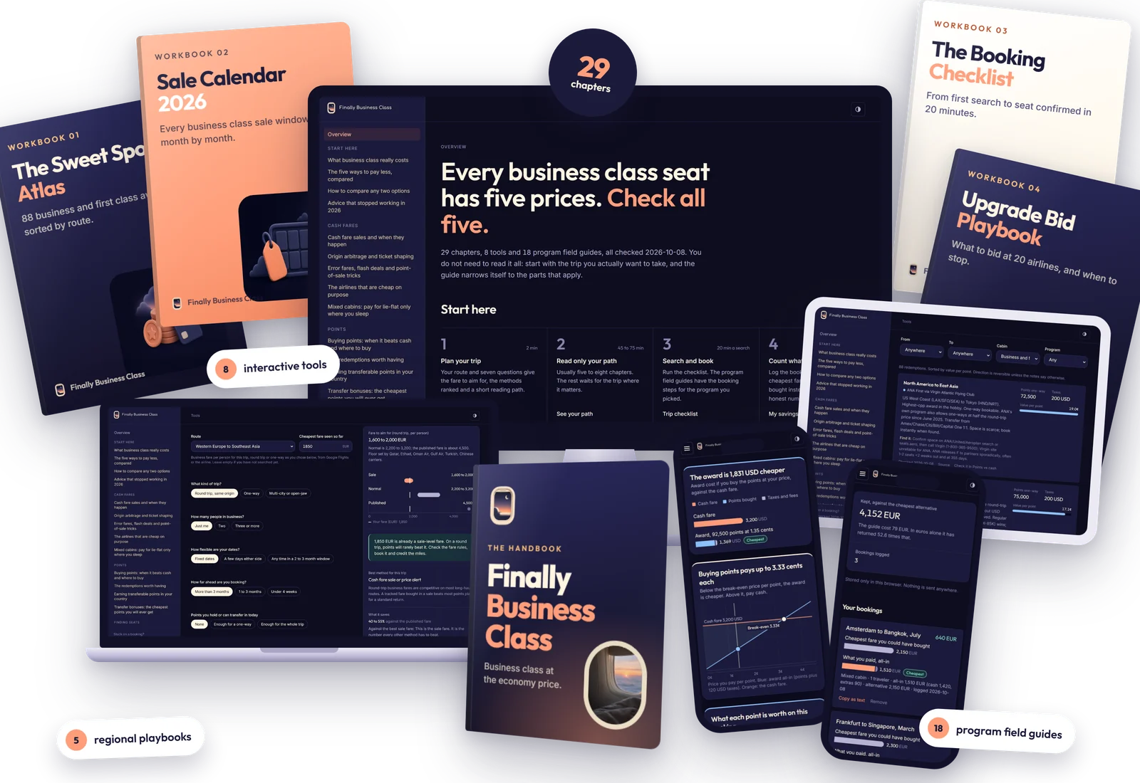 Finally Business Class: the web app on monitor, laptop, tablet and phone, the hardcover handbook and four printable workbooks