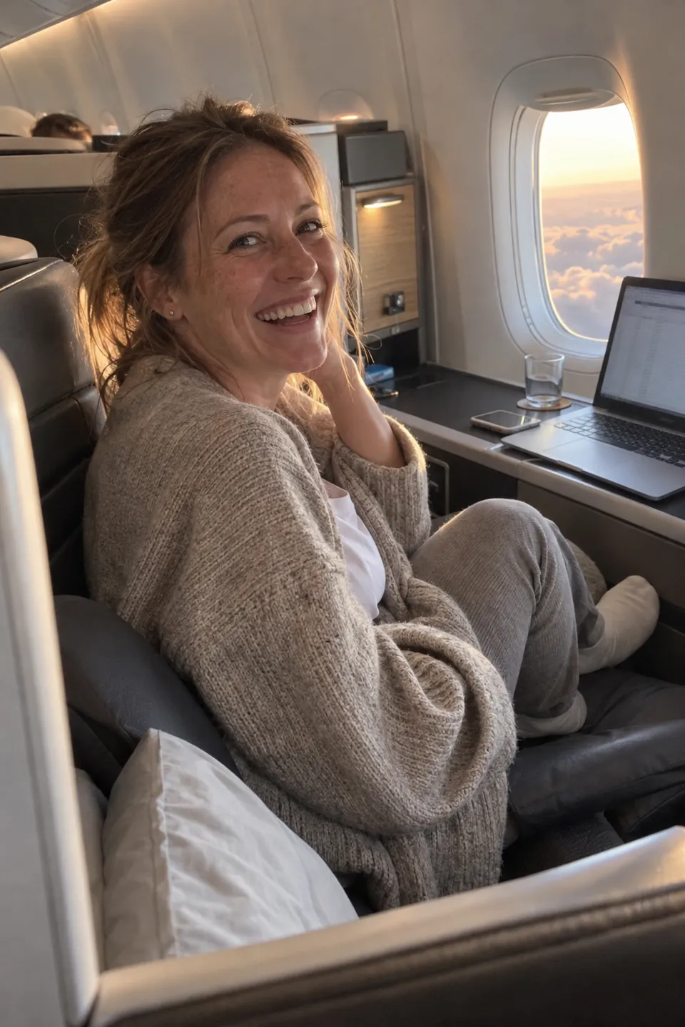 Nora Brunner, founder of Finally Business Class, in a lie-flat seat